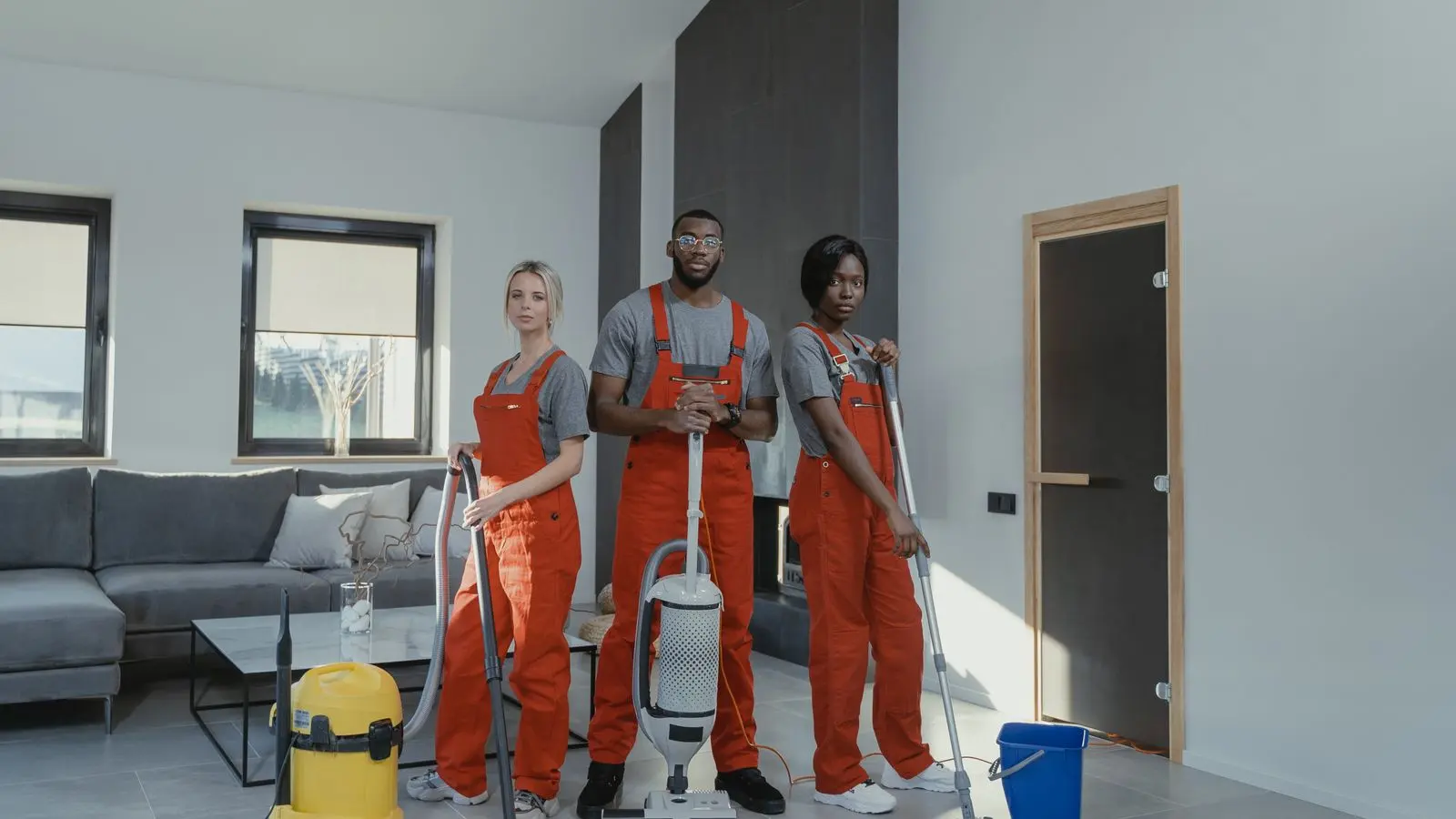 Cleaning team with equipment ready to work in a modern living room