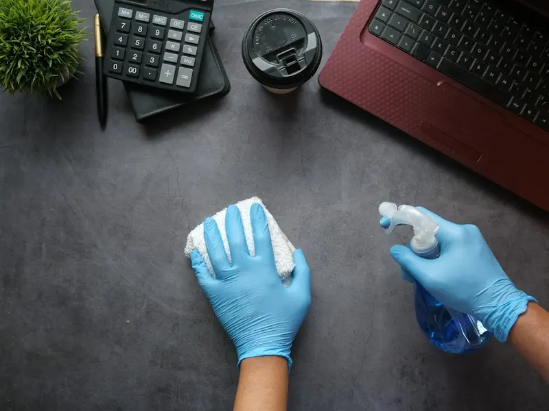 Gloved hands wiping down an office desk with spray and cloth