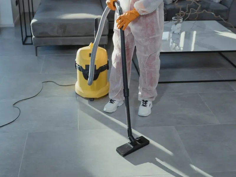 Professional cleaner vacuuming the floor of a modern living room